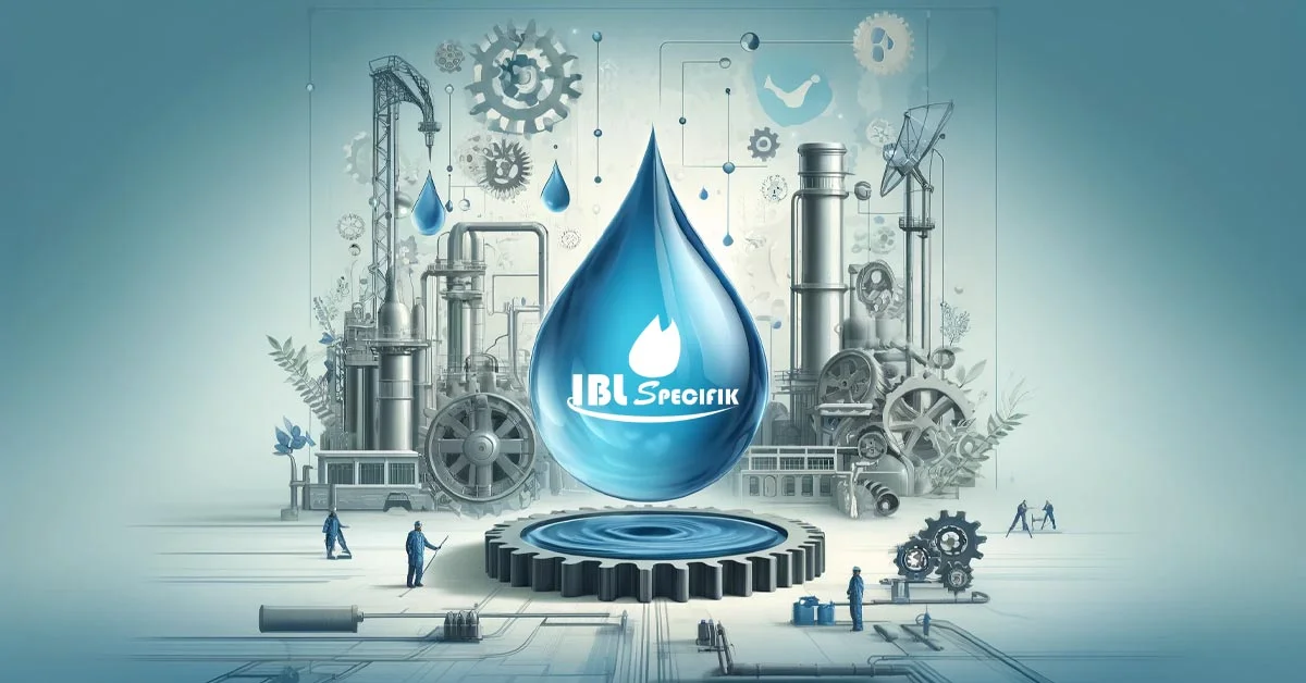 "Image conceptuelle mettant en valeur la conservation de l'eau dans un cadre industriel. Au centre, une grande goutte d'eau bleue vibrante est entourée par des éléments industriels tels que des engrenages et des tuyaux, symbolisant l'utilisation de l'eau dans l'industrie. Des petites figurines de travailleurs en tenue de protection interagissent avec ces éléments, représentant leur rôle dans la conservation de l'eau. L'arrière-plan est un mélange de bleus clairs et de gris, créant une apparence propre et professionnelle adaptée à un public BtoB. Nettoyeur Vapeur Écologique IBL Specifik